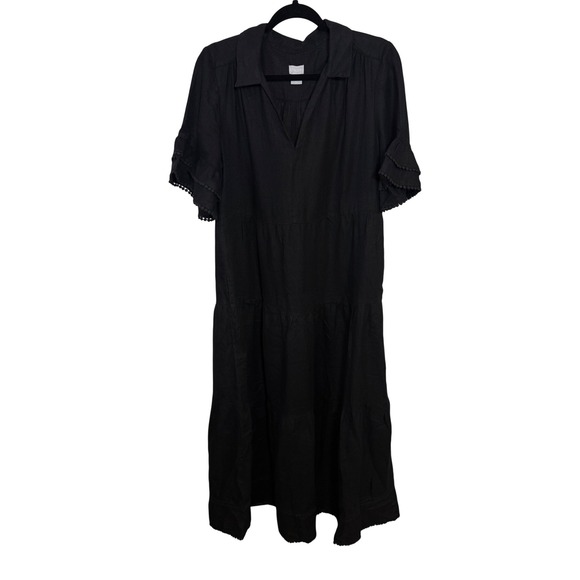 Chico's Dresses & Skirts - Chicos Black 100% Linen Tiered Maxi Dress Sz 1 US 8/10 Crochet Trim Short Sleeve
